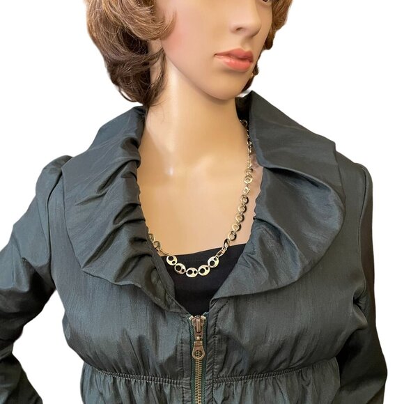 Green Silk Jacket Womens Sz XS to S with Ruffled Collar Cinched Waist - Picture 4 of 12